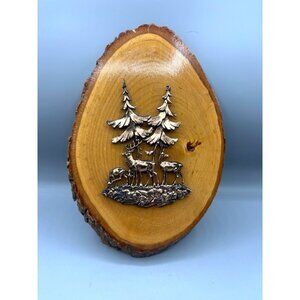 Copper Colored Deer Trees Wooden Tree Slice Wall Hanging Plaque Rustic Hunting